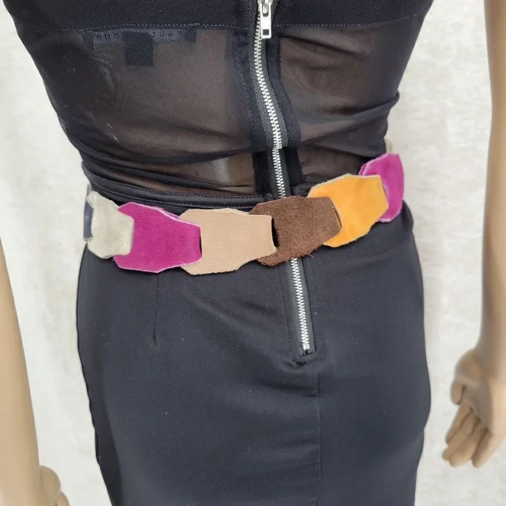 Vintage Multi Color Suede Link Belt with Silver Toned Buckle Brown Red Purple